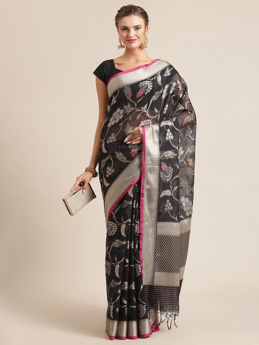 Faishana Presents Handwoven Black Masrise Cotton Tilfi Jaal Zari Border With Magenta Blouse Banarasi Saree