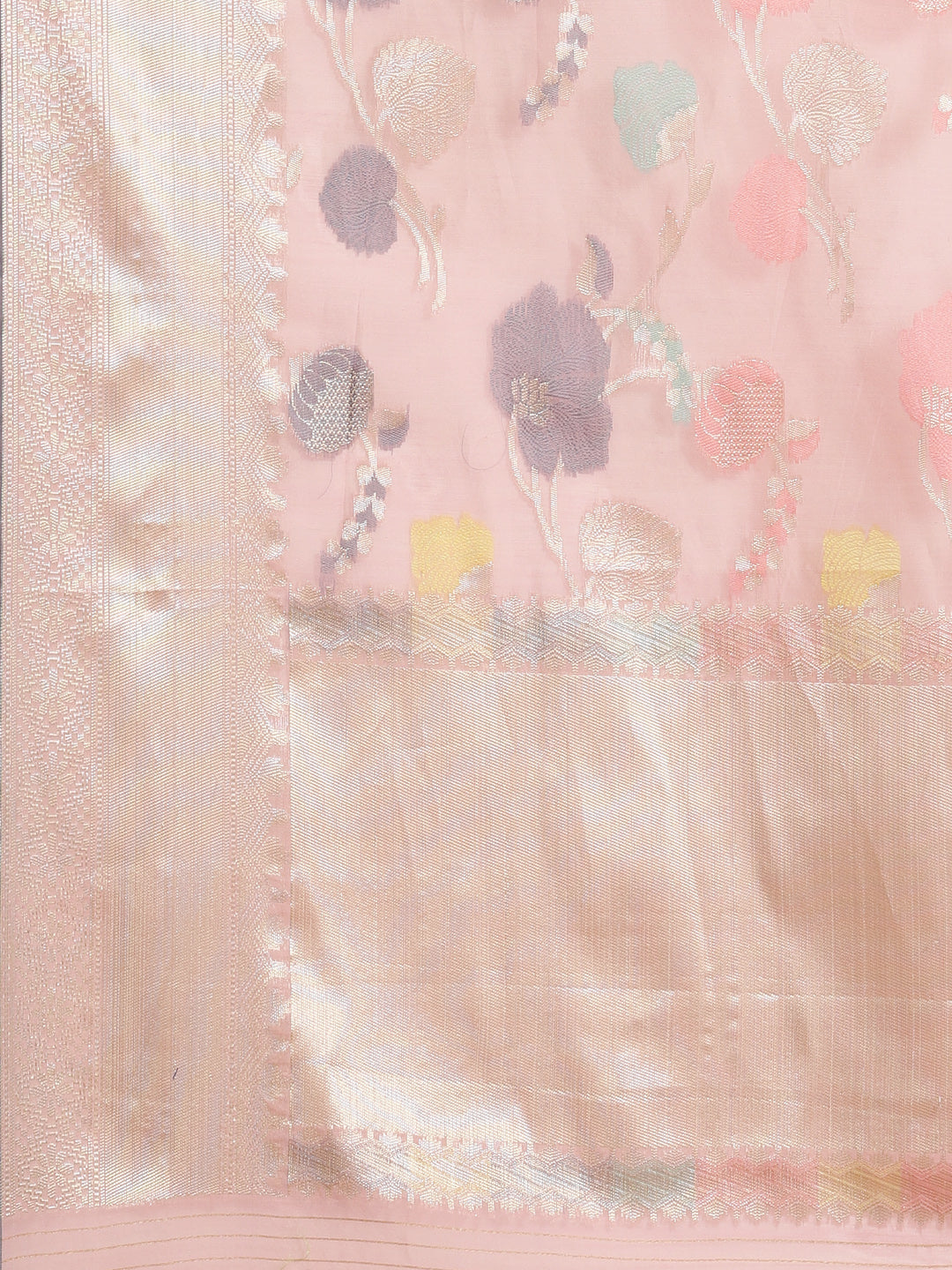 Faishana Presents Handwoven Pink Masrise Cotton Tilfi Jaal Zari Border With Pink Blouse Banarasi Saree