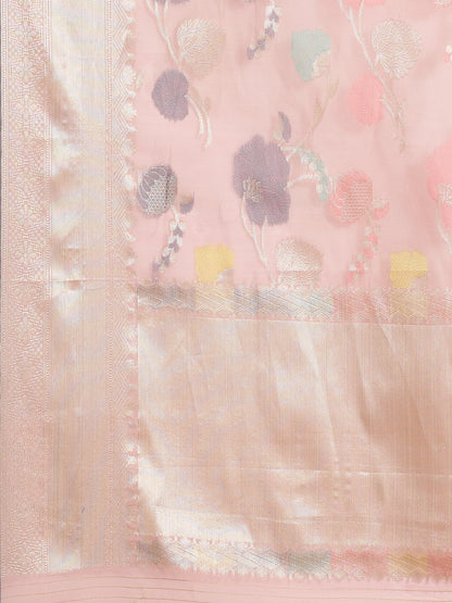 Faishana Presents Handwoven Pink Masrise Cotton Tilfi Jaal Zari Border With Pink Blouse Banarasi Saree