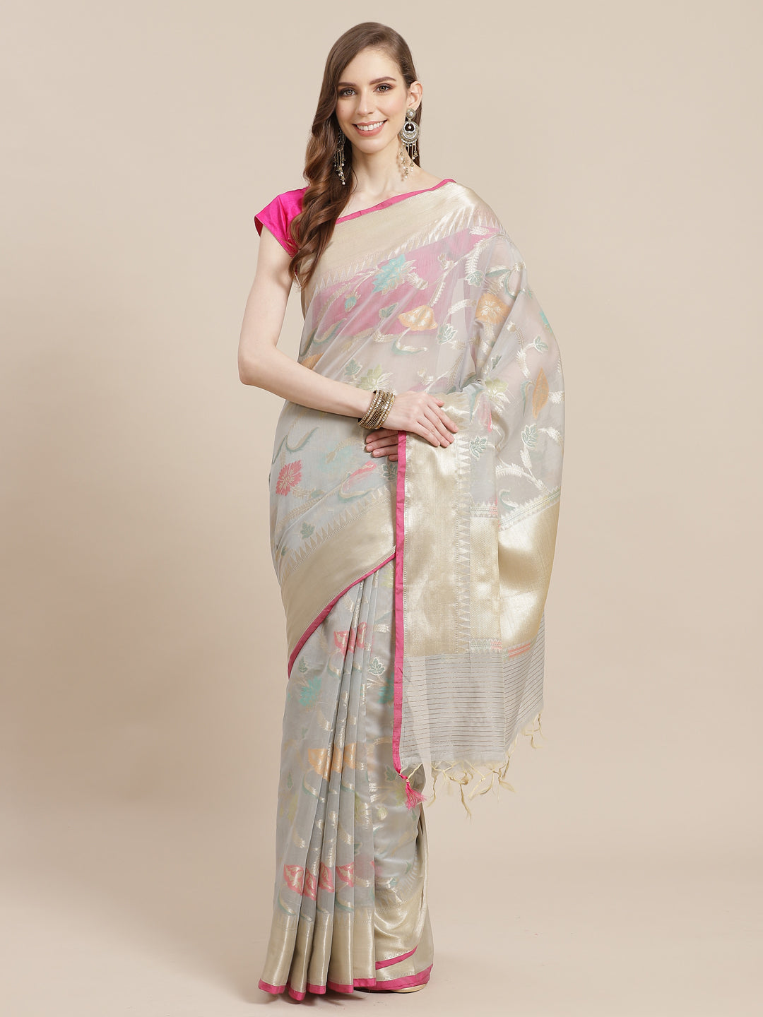 Faishana Presents Handwoven Grey Masrise Cotton Tilfi Jaal Zari Border With Grey Blouse Banarasi Saree