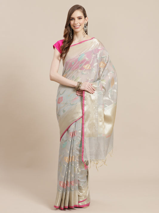 Faishana Presents Handwoven Grey Masrise Cotton Tilfi Jaal Zari Border With Grey Blouse Banarasi Saree