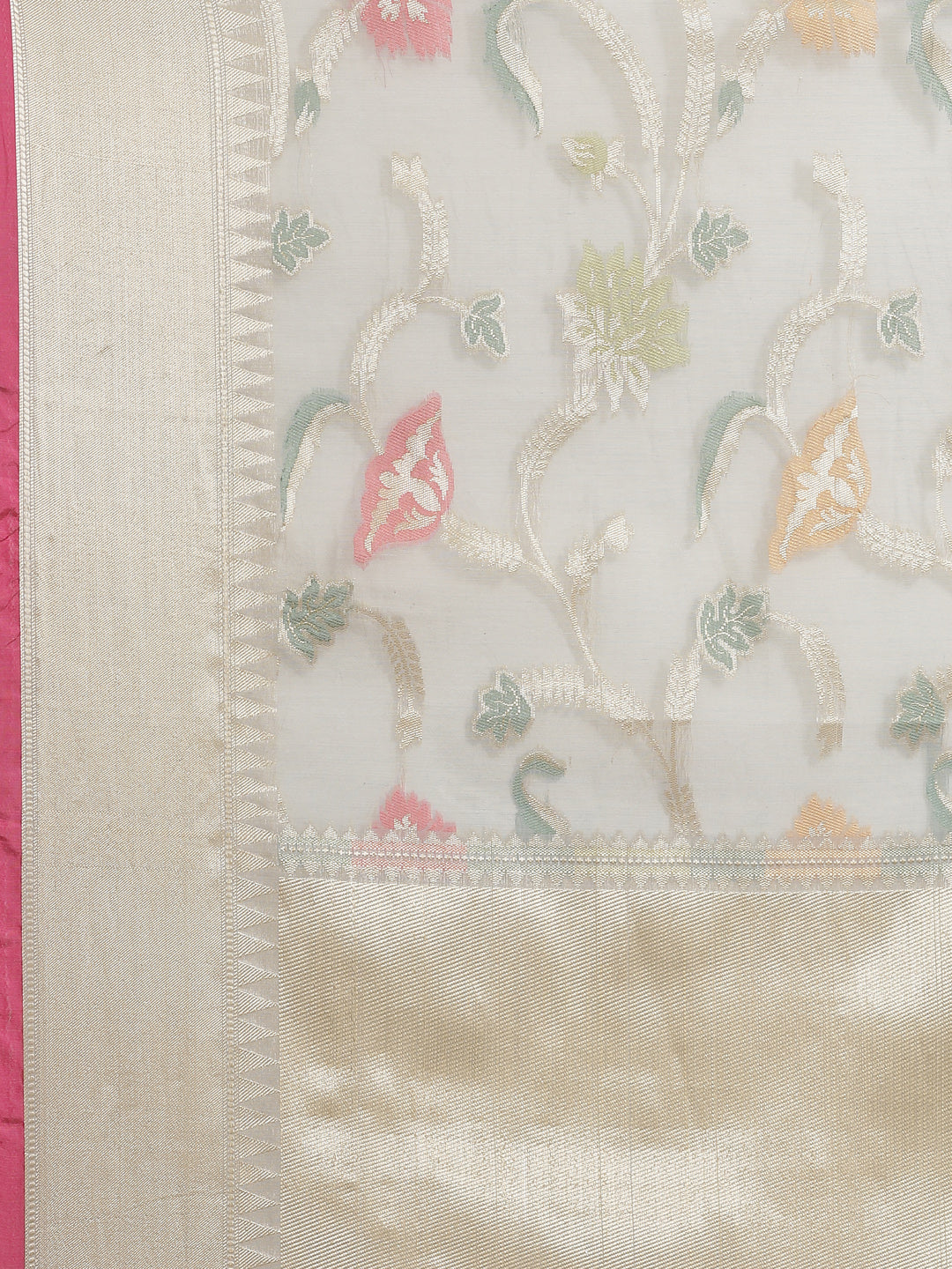 Faishana Presents Handwoven Grey Masrise Cotton Tilfi Jaal Zari Border With Grey Blouse Banarasi Saree