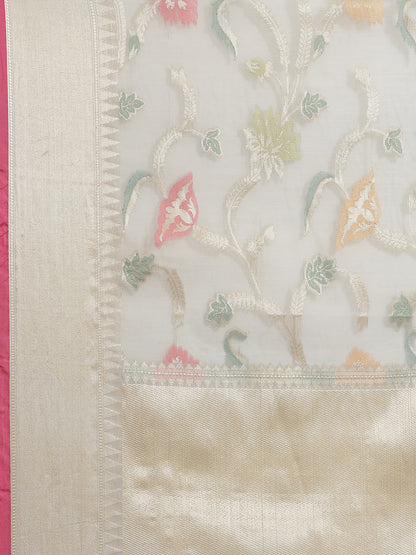 Faishana Presents Handwoven Grey Masrise Cotton Tilfi Jaal Zari Border With Grey Blouse Banarasi Saree