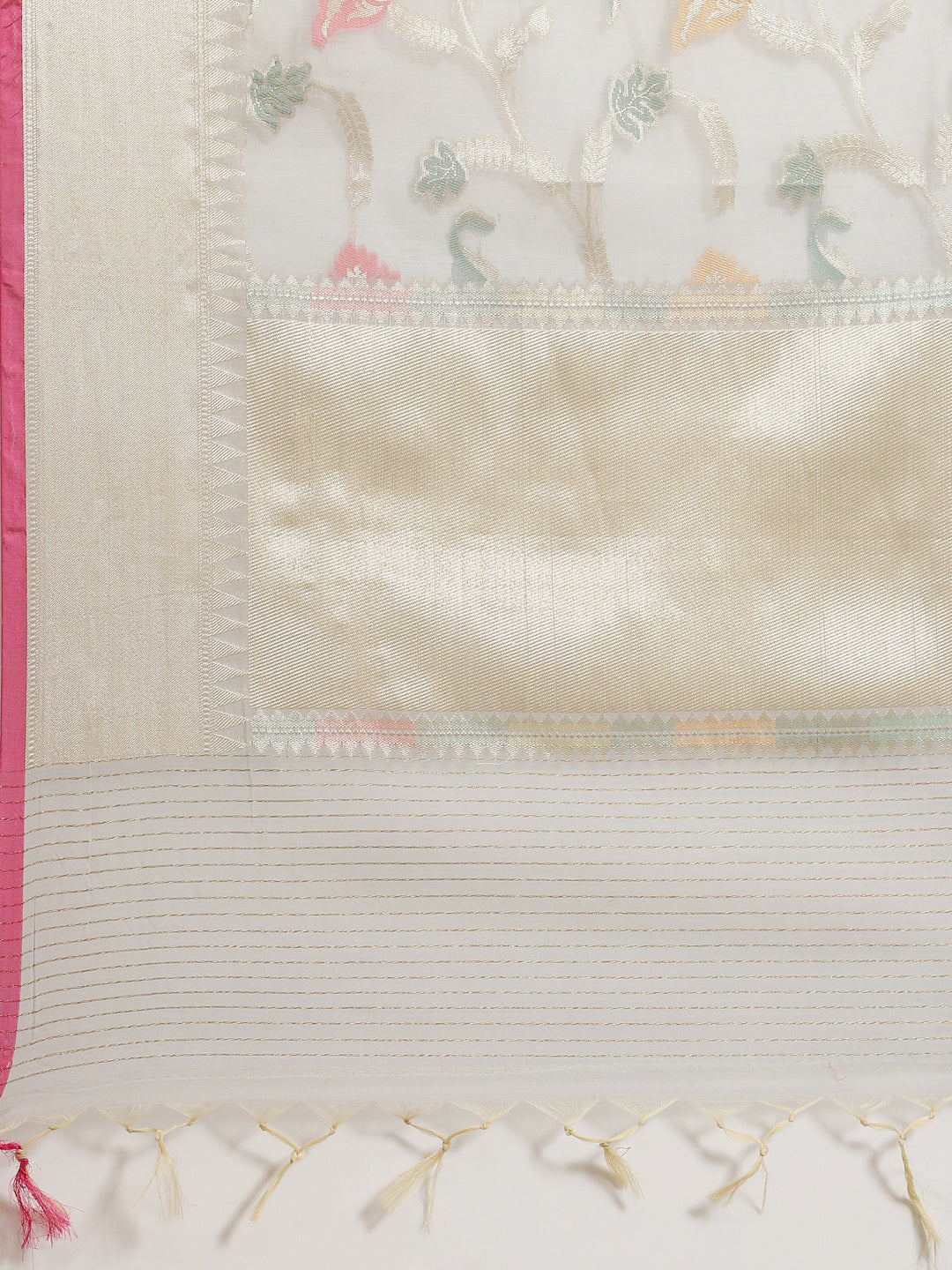Faishana Presents Handwoven Grey Masrise Cotton Tilfi Jaal Zari Border With Grey Blouse Banarasi Saree