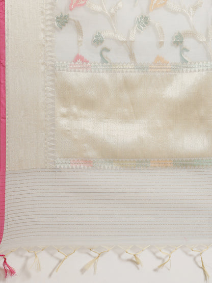 Faishana Presents Handwoven Grey Masrise Cotton Tilfi Jaal Zari Border With Grey Blouse Banarasi Saree