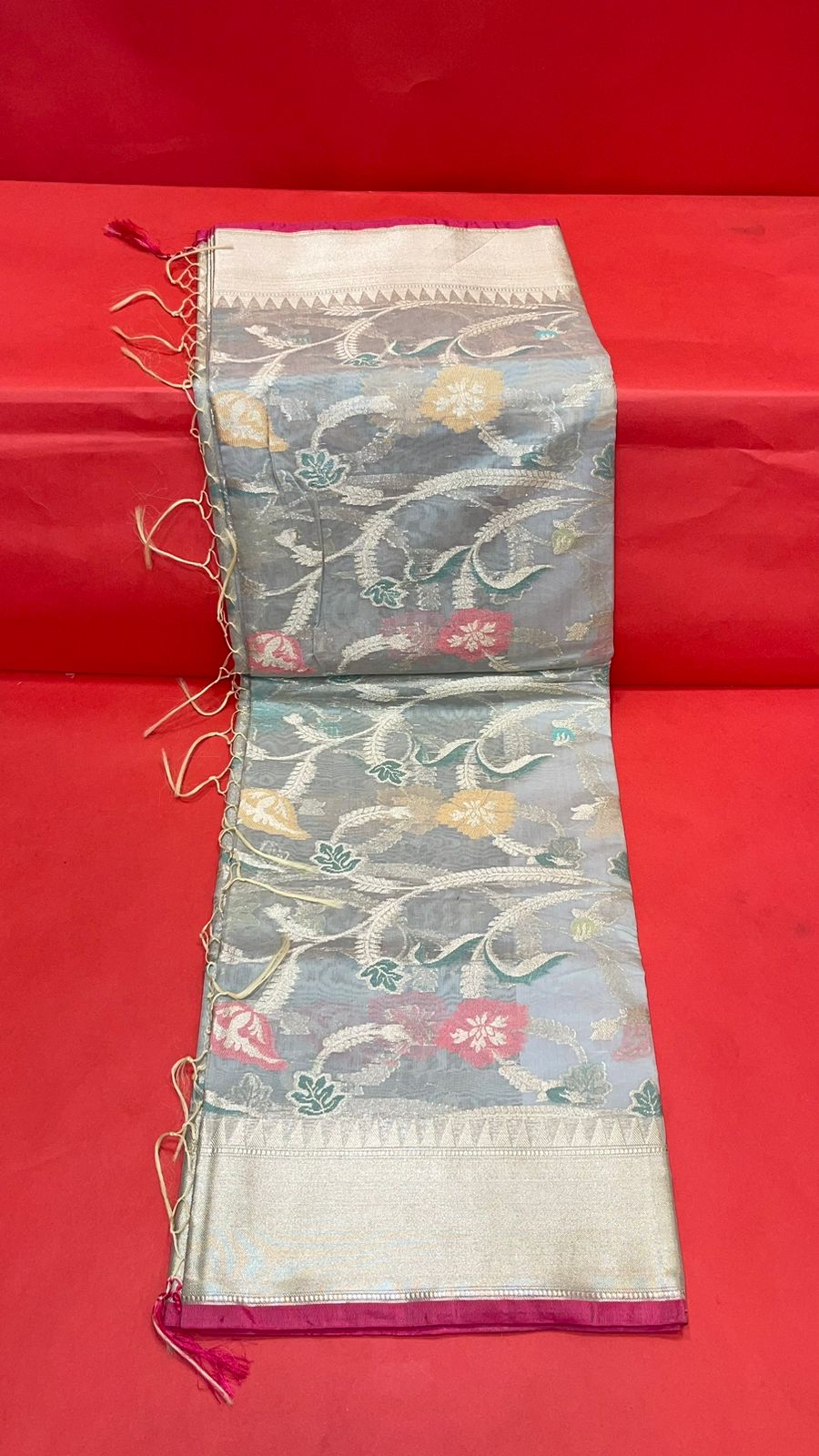 Faishana Presents Handwoven Grey Masrise Cotton Tilfi Jaal Zari Border With Grey Blouse Banarasi Saree