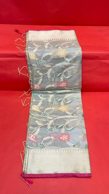 Faishana Presents Handwoven Grey Masrise Cotton Tilfi Jaal Zari Border With Grey Blouse Banarasi Saree