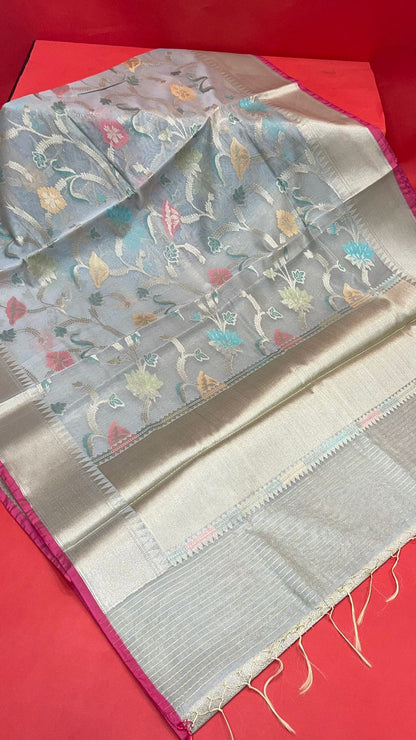 Faishana Presents Handwoven Grey Masrise Cotton Tilfi Jaal Zari Border With Grey Blouse Banarasi Saree