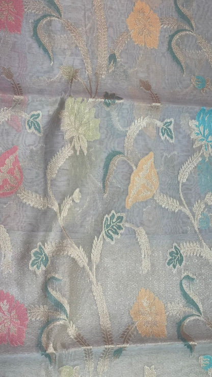 Faishana Presents Handwoven Grey Masrise Cotton Tilfi Jaal Zari Border With Grey Blouse Banarasi Saree