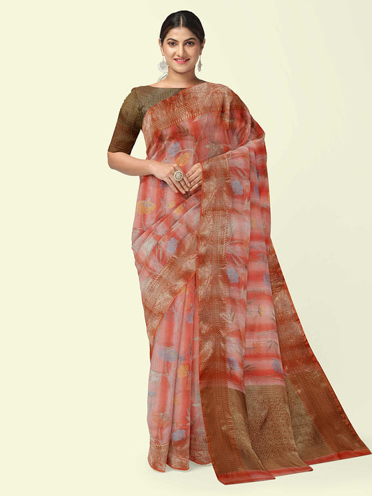 Faishana Presents Woven Peach Matka Silk Tilfi Jaal Zari Border With Brown Blouse Banarasi Saree