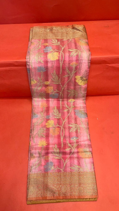Faishana Presents Woven Peach Matka Silk Tilfi Jaal Zari Border With Brown Blouse Banarasi Saree