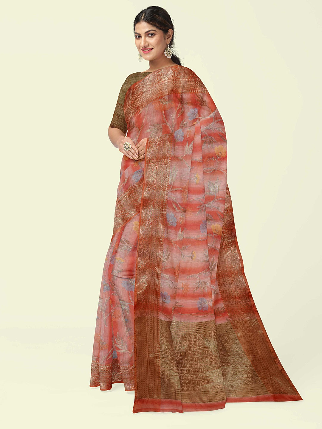 Faishana Presents Woven Peach Matka Silk Tilfi Jaal Zari Border With Brown Blouse Banarasi Saree