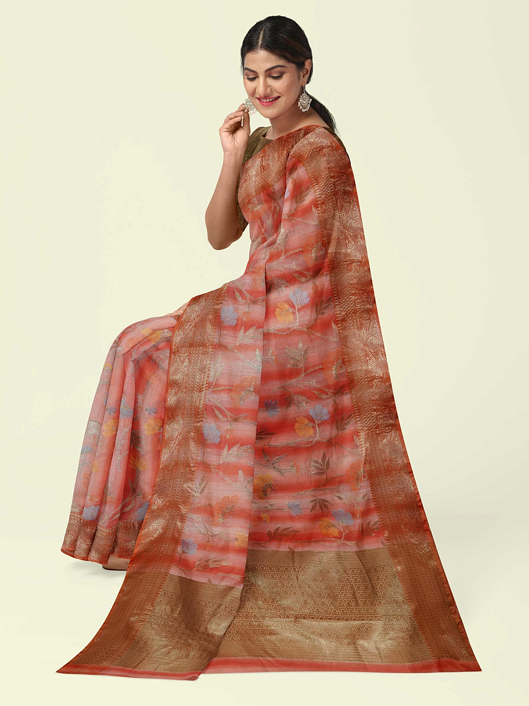 Faishana Presents Woven Peach Matka Silk Tilfi Jaal Zari Border With Brown Blouse Banarasi Saree