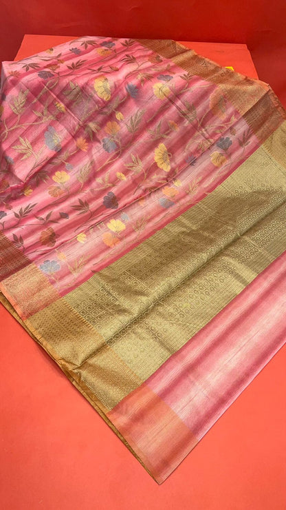 Faishana Presents Woven Peach Matka Silk Tilfi Jaal Zari Border With Brown Blouse Banarasi Saree