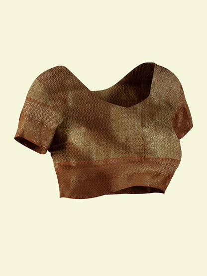 Faishana Presents Woven Peach Matka Silk Tilfi Jaal Zari Border With Brown Blouse Banarasi Saree