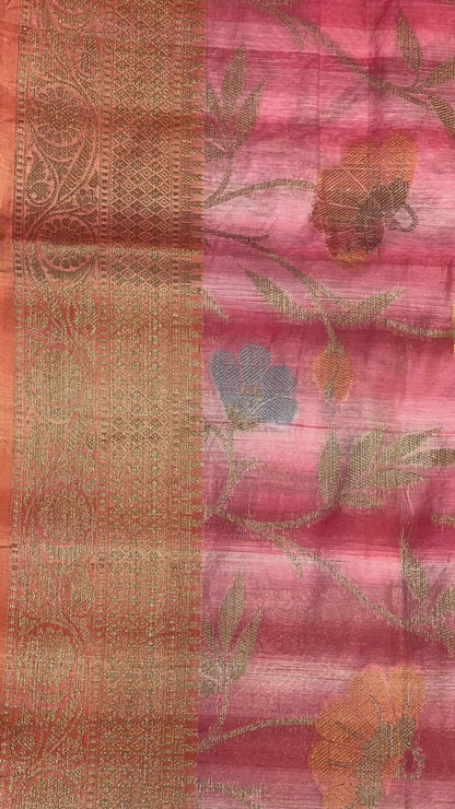 Faishana Presents Woven Peach Matka Silk Tilfi Jaal Zari Border With Brown Blouse Banarasi Saree