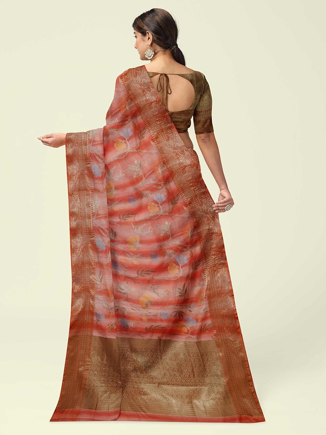 Faishana Presents Woven Peach Matka Silk Tilfi Jaal Zari Border With Brown Blouse Banarasi Saree