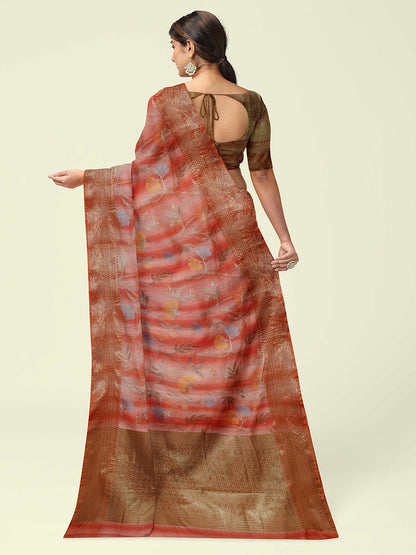 Faishana Presents Woven Peach Matka Silk Tilfi Jaal Zari Border With Brown Blouse Banarasi Saree