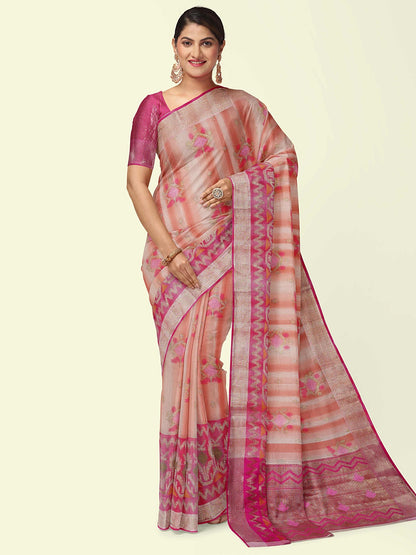 Faishana Presents Woven Peach Matka Silk Booti Skirt Border With Pink Blouse Banarasi Saree