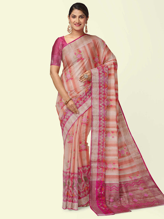 Faishana Presents Woven Peach Matka Silk Booti Skirt Border With Pink Blouse Banarasi Saree