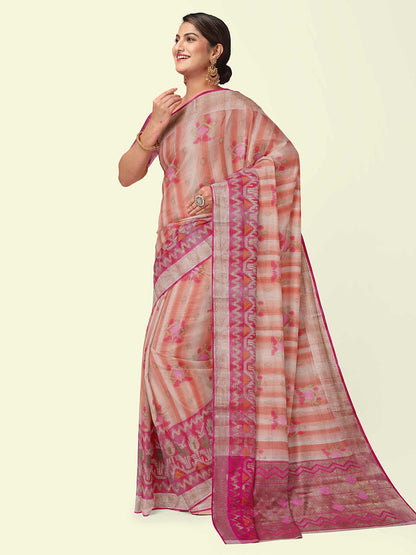 Faishana Presents Woven Peach Matka Silk Booti Skirt Border With Pink Blouse Banarasi Saree