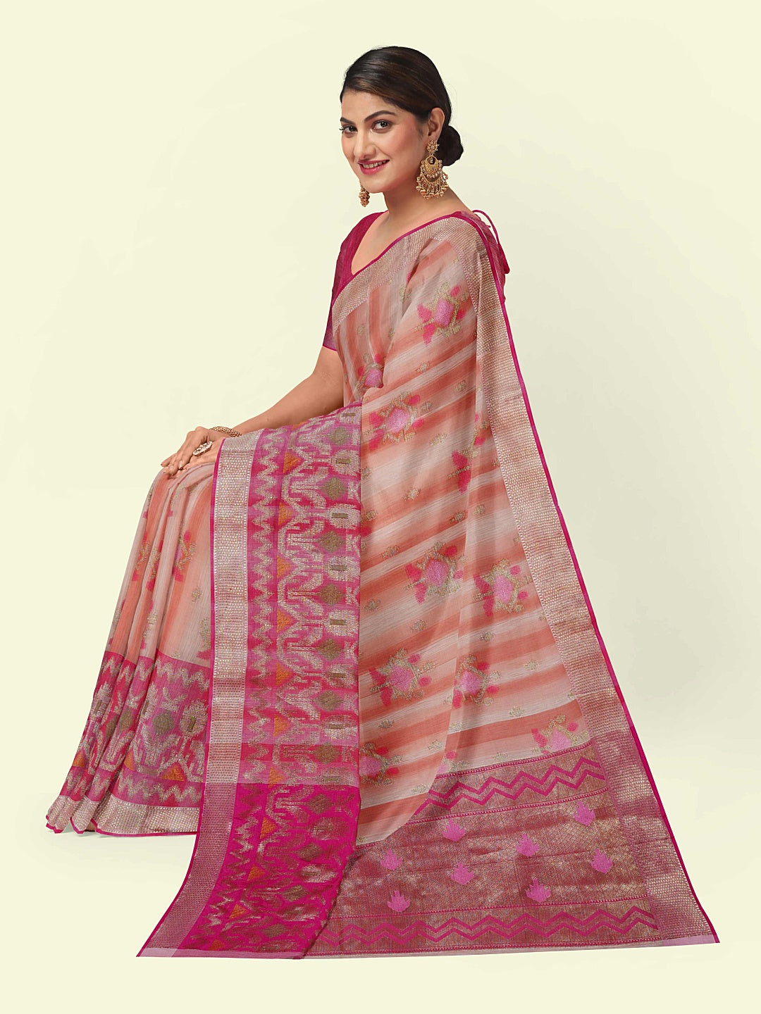 Faishana Presents Woven Peach Matka Silk Booti Skirt Border With Pink Blouse Banarasi Saree
