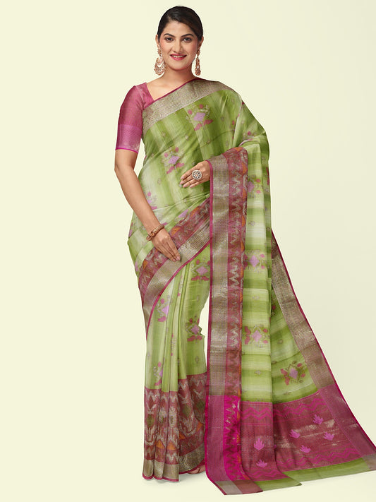 Faishana Presents Green Matka Silk Floral Boota Skirt Border With Pink Blouse Banarasi Saree