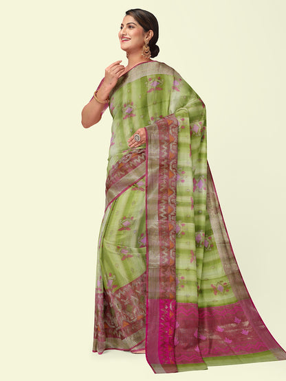 Faishana Presents Green Matka Silk Floral Boota Skirt Border With Pink Blouse Banarasi Saree