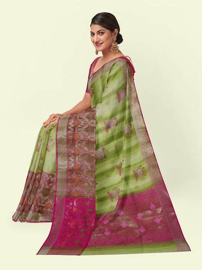 Faishana Presents Green Matka Silk Floral Boota Skirt Border With Pink Blouse Banarasi Saree