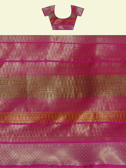 Faishana Presents Green Matka Silk Floral Boota Skirt Border With Pink Blouse Banarasi Saree