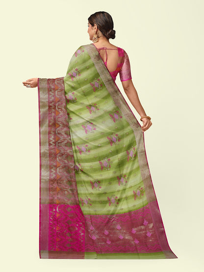 Faishana Presents Green Matka Silk Floral Boota Skirt Border With Pink Blouse Banarasi Saree