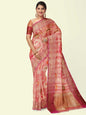 Faishana Presents Handwoven Pink Matka Silk Tilfi Jaal Skirt Border With Orange Blouse Banarasi Saree