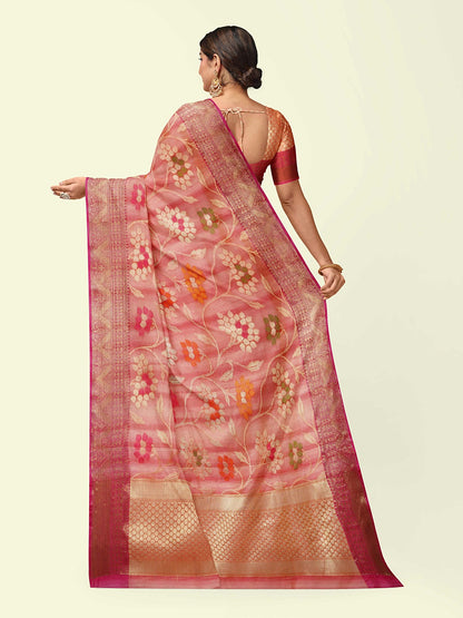 Faishana Presents Handwoven Pink Matka Silk Tilfi Jaal Skirt Border With Orange Blouse Banarasi Saree