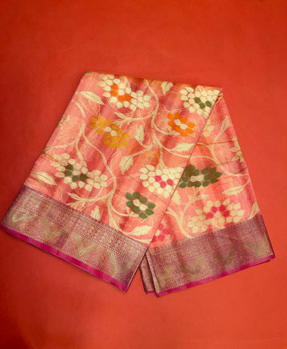Faishana Presents Handwoven Pink Matka Silk Tilfi Jaal Skirt Border With Orange Blouse Banarasi Saree