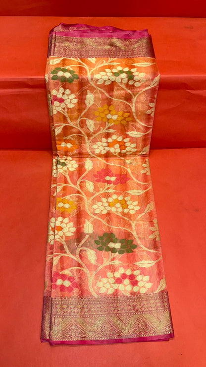 Faishana Presents Handwoven Pink Matka Silk Tilfi Jaal Skirt Border With Orange Blouse Banarasi Saree