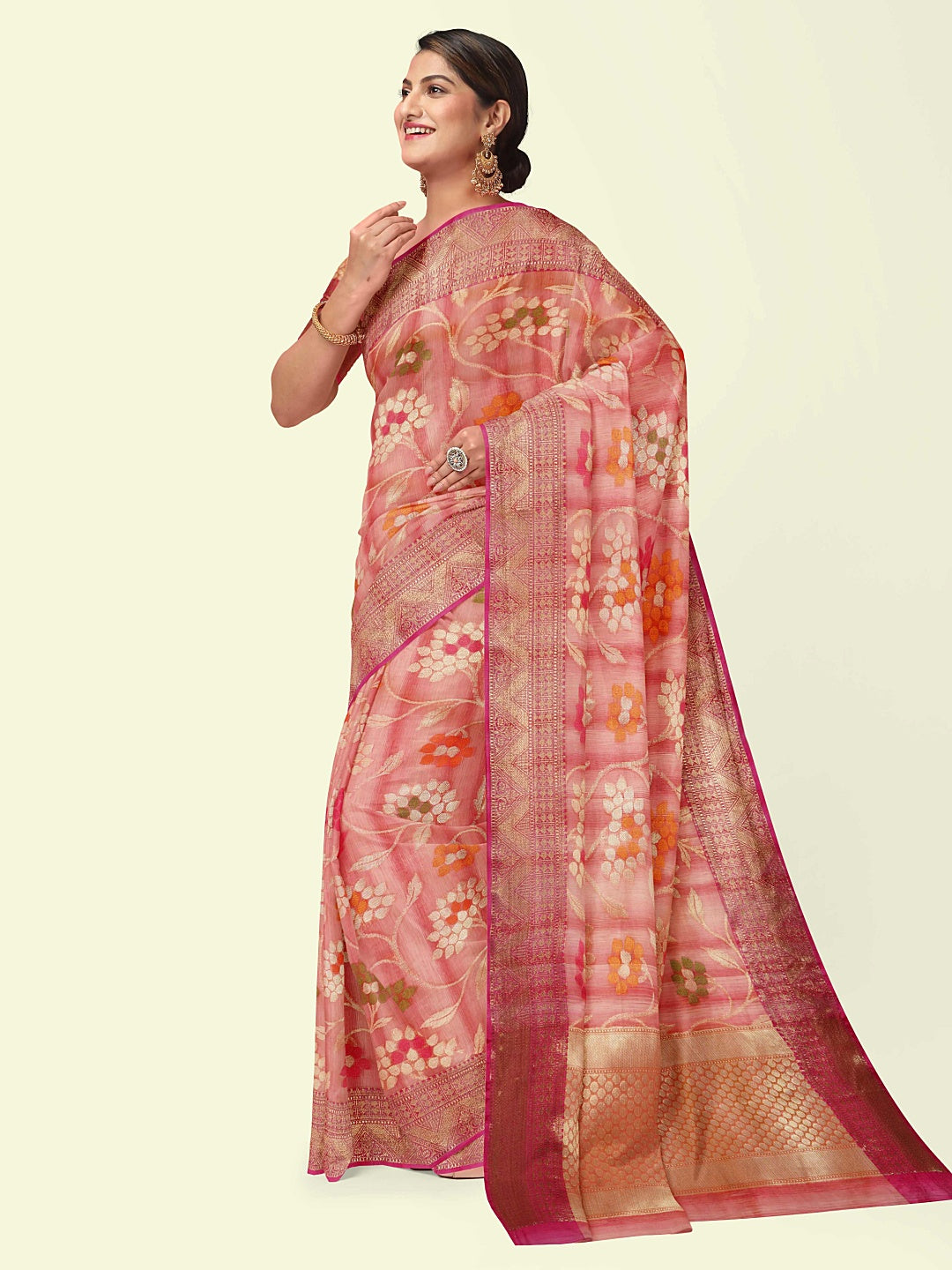 Faishana Presents Handwoven Pink Matka Silk Tilfi Jaal Skirt Border With Orange Blouse Banarasi Saree