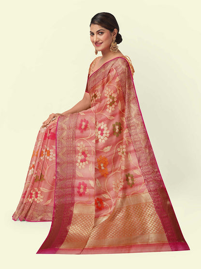 Faishana Presents Handwoven Pink Matka Silk Tilfi Jaal Skirt Border With Orange Blouse Banarasi Saree