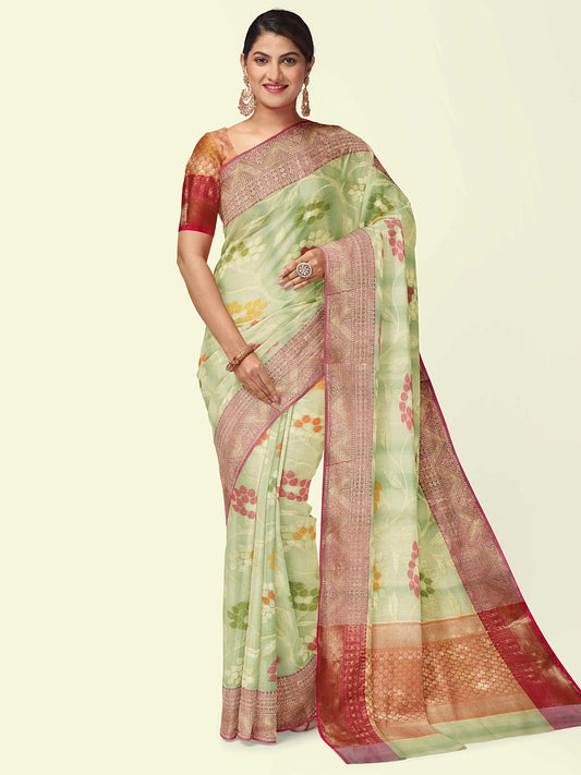 Faishana Presents Woven Light Green Matka Silk Tilfi Jaal Zari Border With Orange Blouse Banarasi Saree