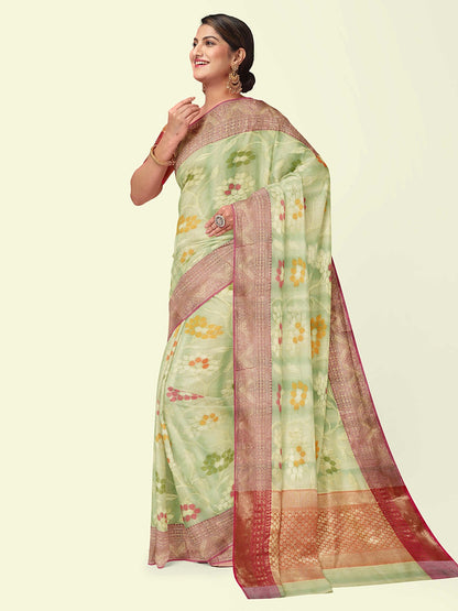 Faishana Presents Woven Light Green Matka Silk Tilfi Jaal Zari Border With Orange Blouse Banarasi Saree