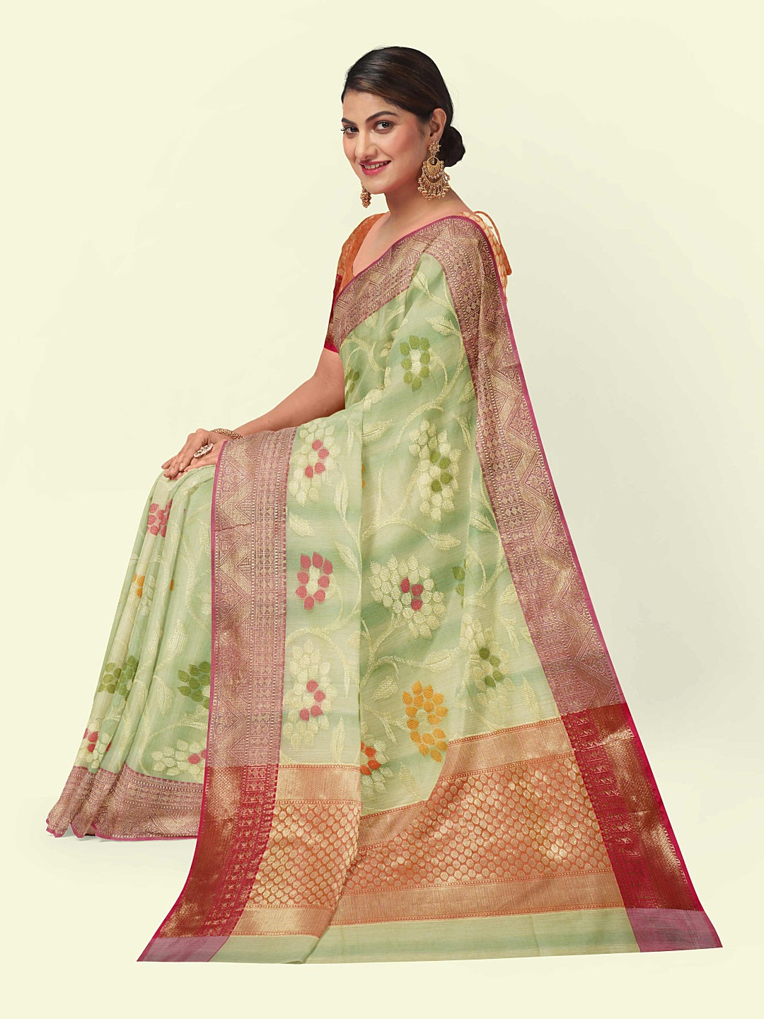 Faishana Presents Woven Light Green Matka Silk Tilfi Jaal Zari Border With Orange Blouse Banarasi Saree
