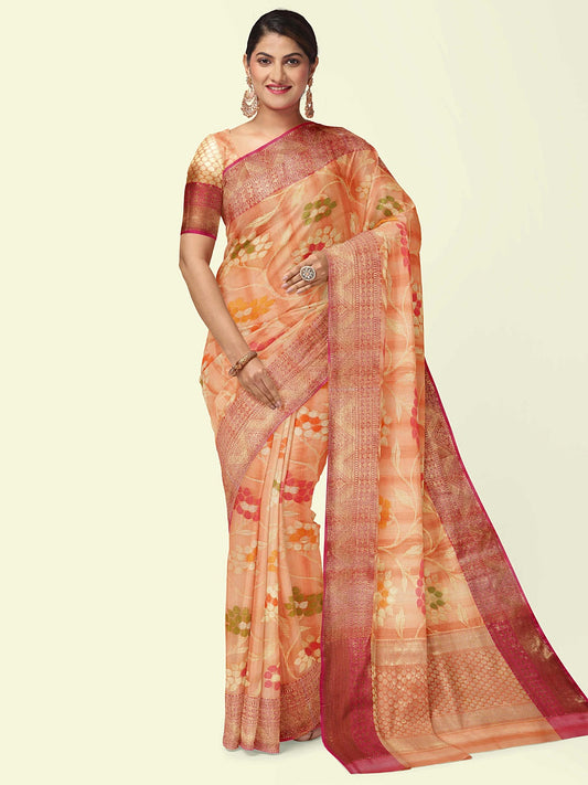 Faishana Presents Woven Peach Matka Silk Tilfi Jaal Zari Border With Orange Blouse Banarasi Saree