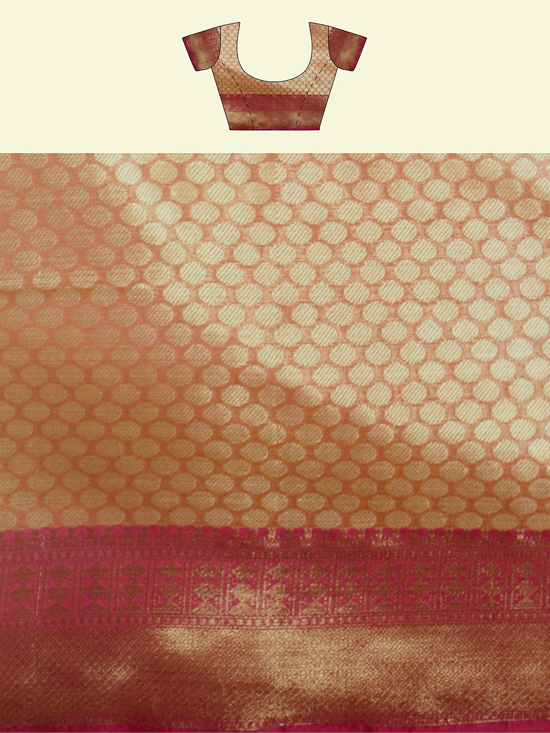 Faishana Presents Woven Peach Matka Silk Tilfi Jaal Zari Border With Orange Blouse Banarasi Saree