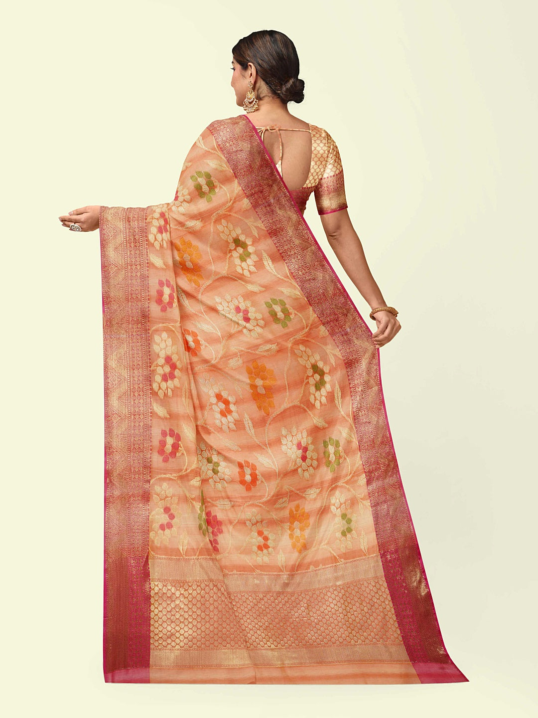Faishana Presents Woven Peach Matka Silk Tilfi Jaal Zari Border With Orange Blouse Banarasi Saree