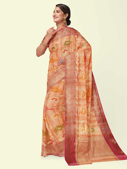 Faishana Presents Woven Peach Matka Silk Tilfi Jaal Zari Border With Orange Blouse Banarasi Saree