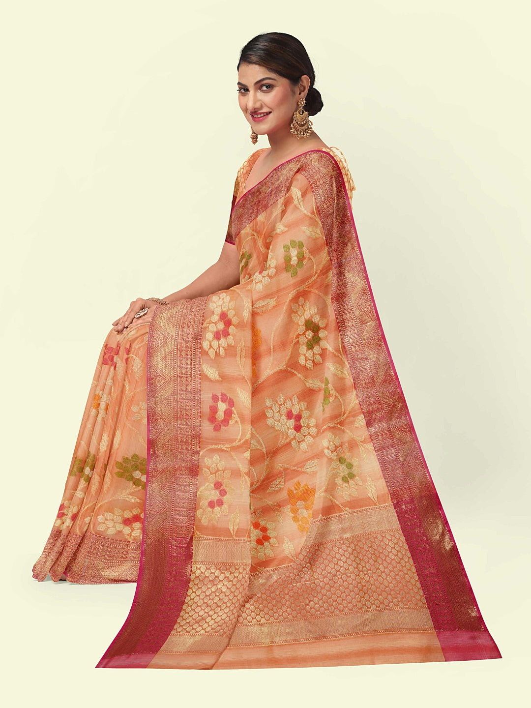 Faishana Presents Woven Peach Matka Silk Tilfi Jaal Zari Border With Orange Blouse Banarasi Saree
