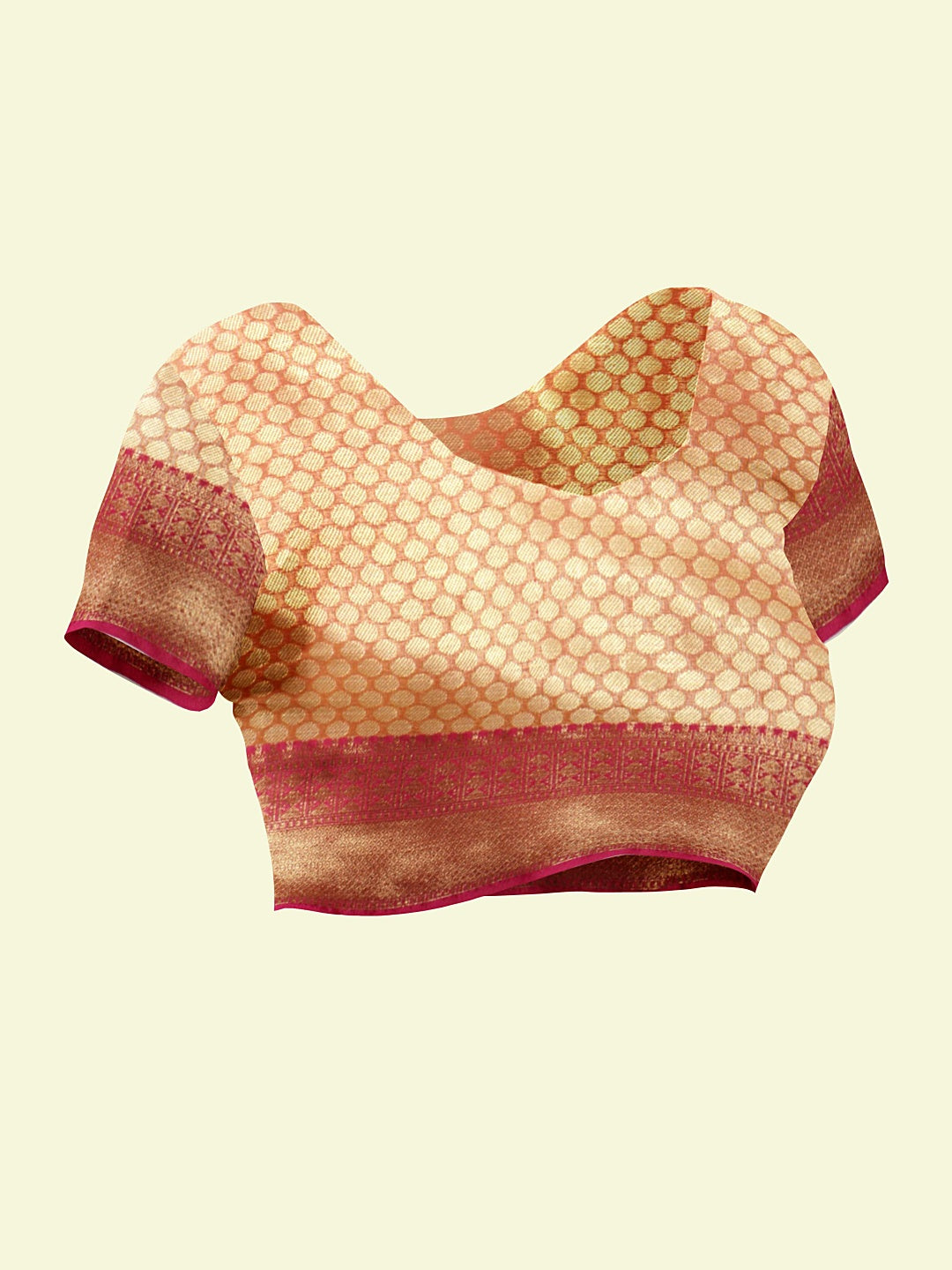 Faishana Presents Woven Peach Matka Silk Tilfi Jaal Zari Border With Orange Blouse Banarasi Saree