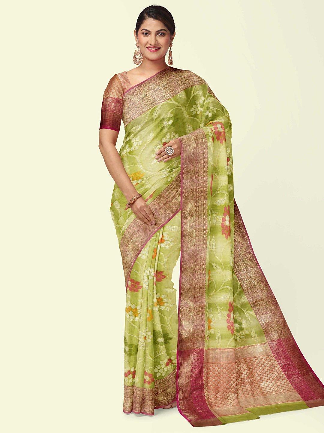 Faishana Presents Woven Pista Green Matka Silk Tilfi Jaal Zari Border With Orange Blouse Banarasi Saree