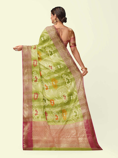 Faishana Presents Woven Pista Green Matka Silk Tilfi Jaal Zari Border With Orange Blouse Banarasi Saree