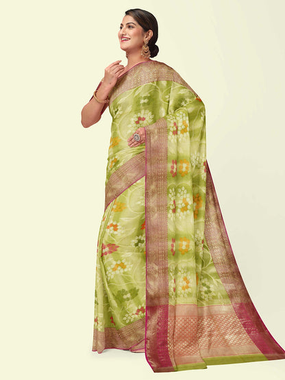 Faishana Presents Woven Pista Green Matka Silk Tilfi Jaal Zari Border With Orange Blouse Banarasi Saree