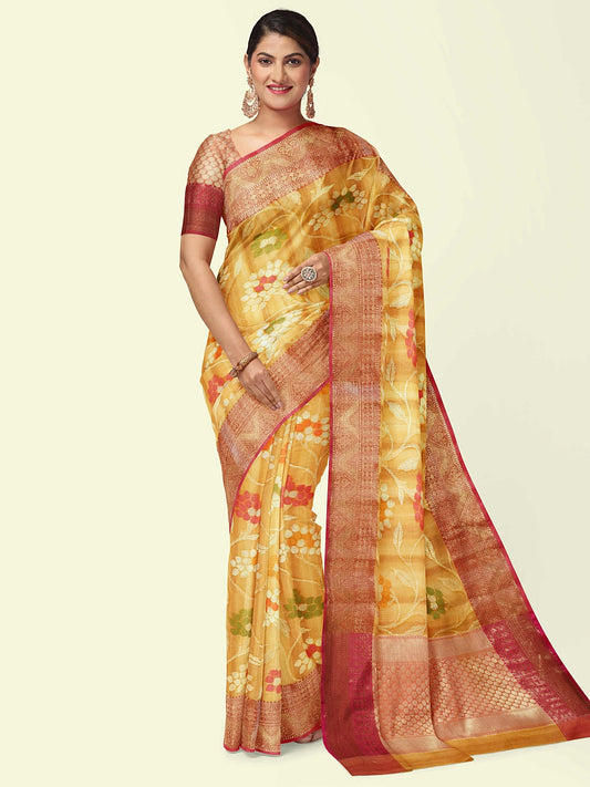 Faishana Presents Woven Brown Matka Silk Tilfi Jaal Zari Border With Orange Blouse Banarasi Saree